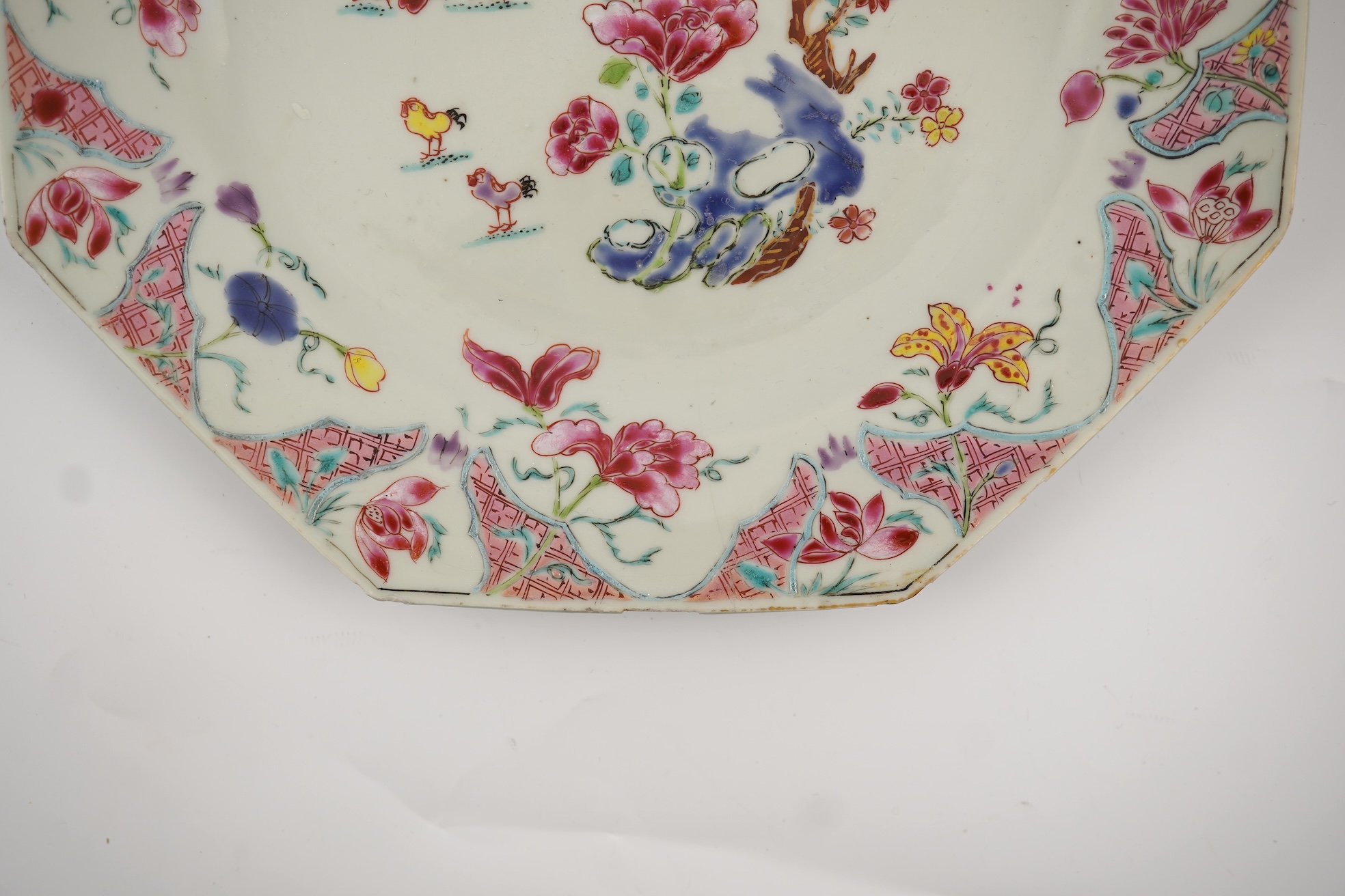 A Chinese famille rose ‘chickens’ octagonal plate, Qianlong period